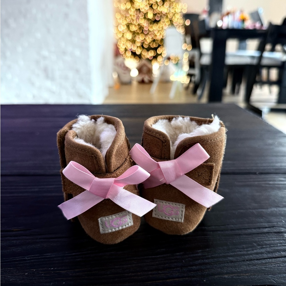 UGG Tan Baby Booties with Pink Accent bows